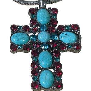 Vintage Turquoise and Red Gemstone Cross Pendant whimsical religious